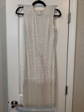 Naeem Khan Ivory Sequin Fringe Sheath Dress